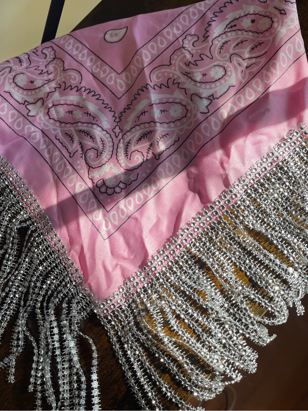 Pink Paisley Bandana Scarf with Silver Fringe